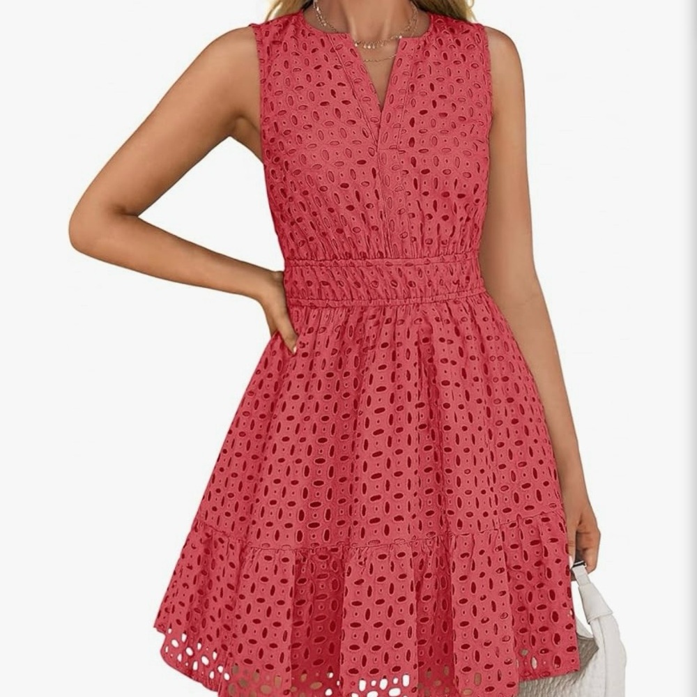 Eyelet sleeveless summer Zesica dress in watermelon. Fit and flare, size XL